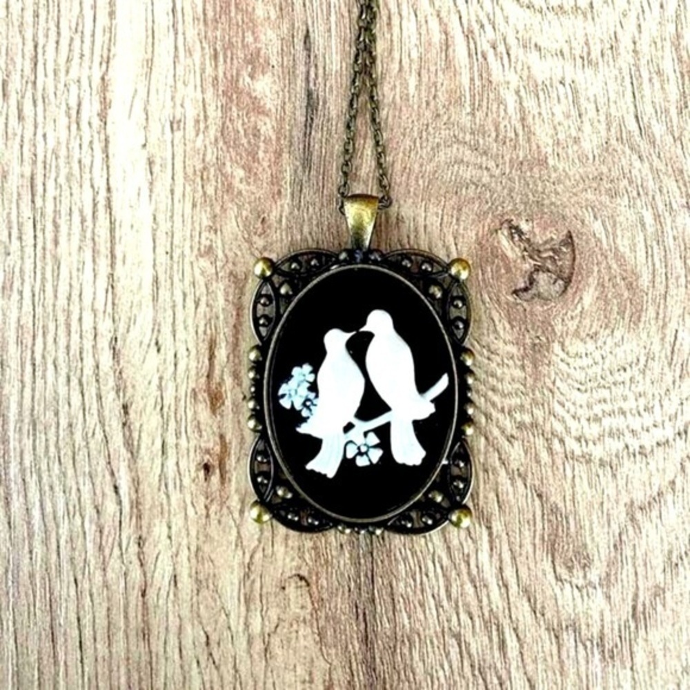 Black and White Bird Cameo Necklace, Victorian Style